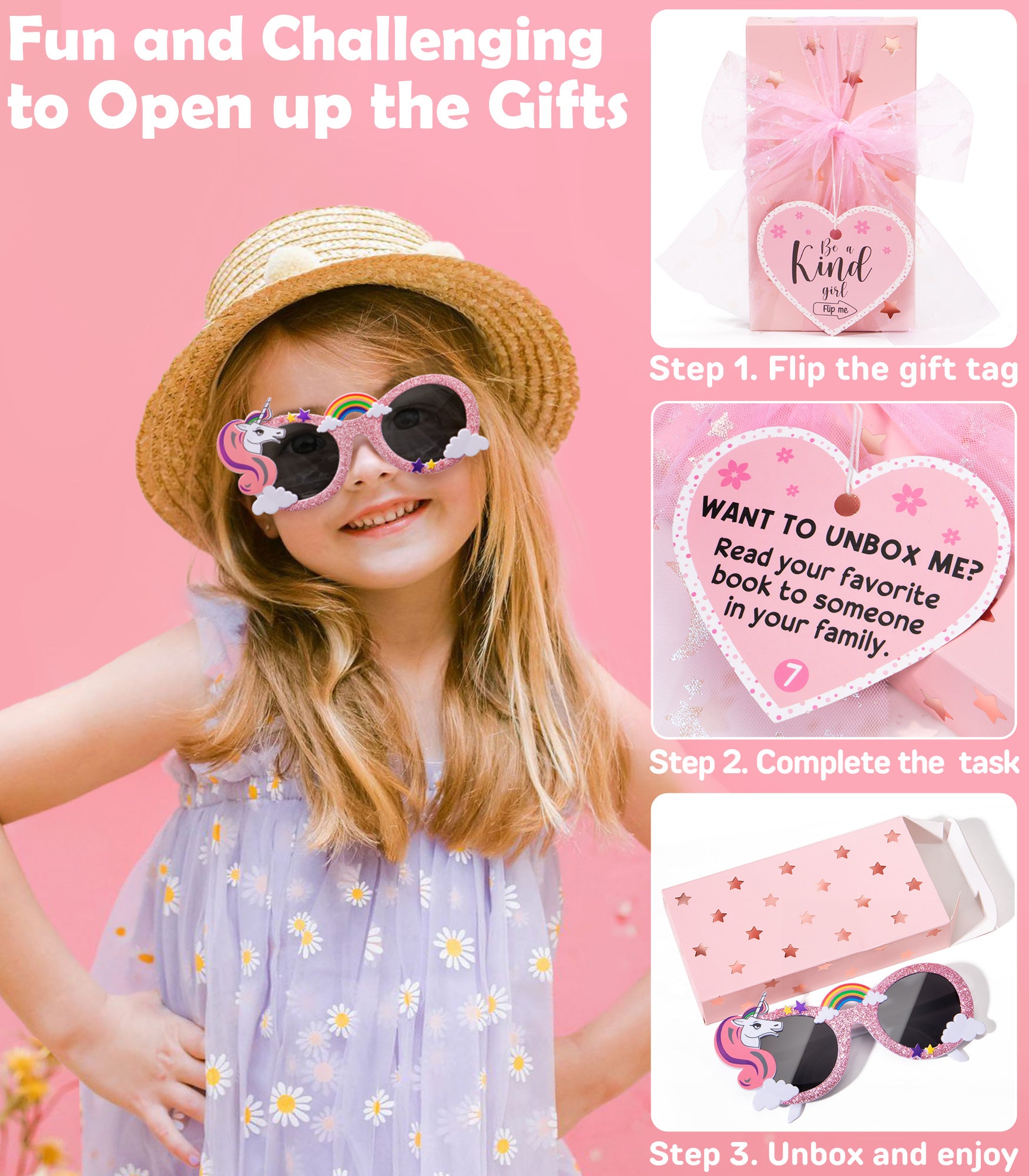 Unicorn Toys for Girls Age 4-6 6-8, Girls Valentines Day Gifts for Kids Tween Girl Gifts Trendy Stuff 8PCS Birthday Gift Basket for 3 4 5 6 7 8 9 10 Year Old Girl Empower Gift Box & Task Tags