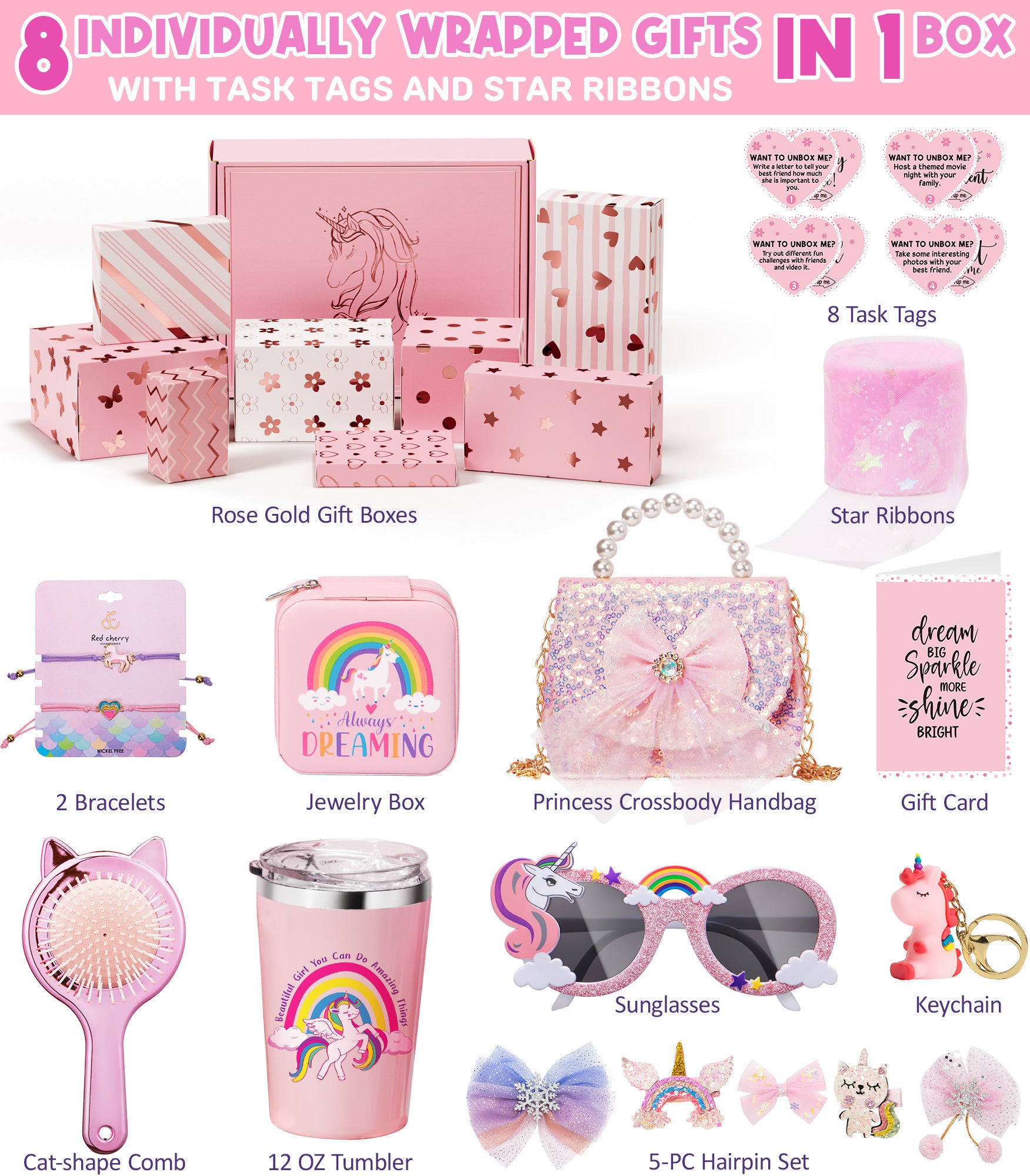 Unicorn Toys for Girls Age 4-6 6-8, Girls Valentines Day Gifts for Kids Tween Girl Gifts Trendy Stuff 8PCS Birthday Gift Basket for 3 4 5 6 7 8 9 10 Year Old Girl Empower Gift Box & Task Tags