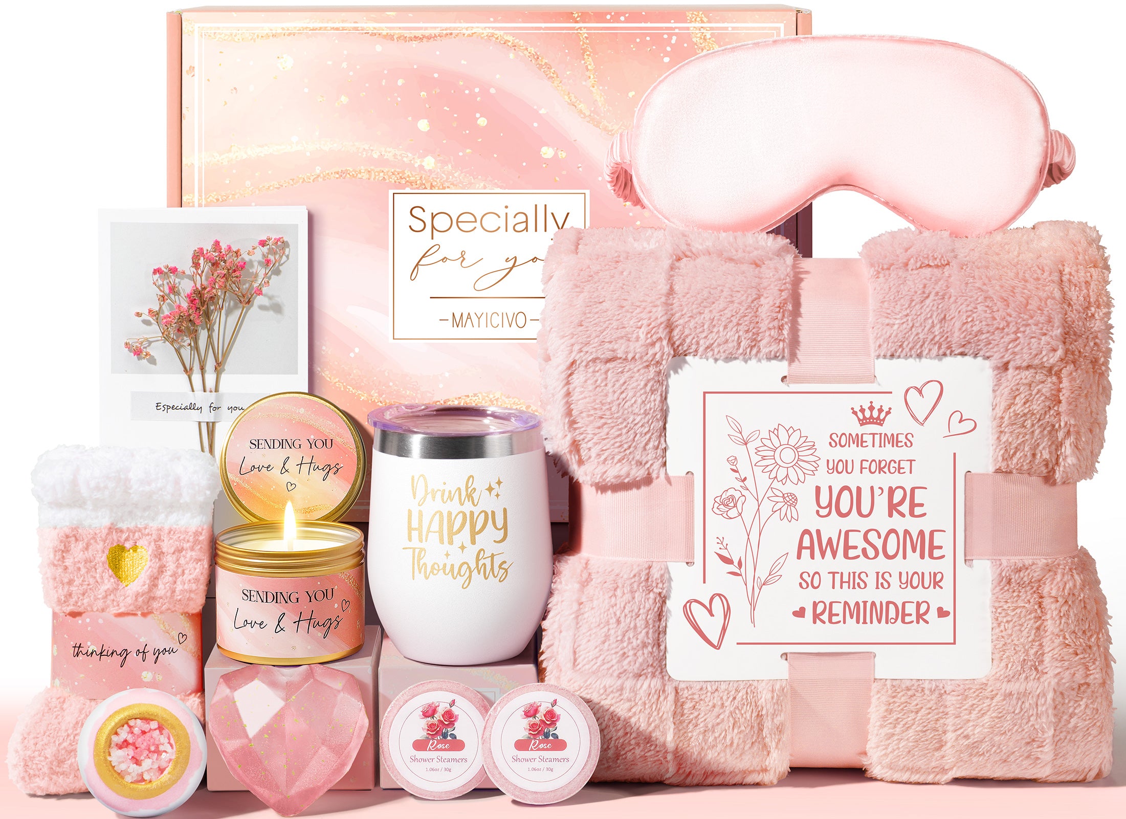 Mayicivo Birthday Gifts for Women, Self Care Gifts Get Well Soon Gifts Basket for Women, Rose Relaxing Spa Gifts Care Package w/ Luxury Blanket, Mothers Day Gifts for Mom Her Wife Girlfriend Friend Sister