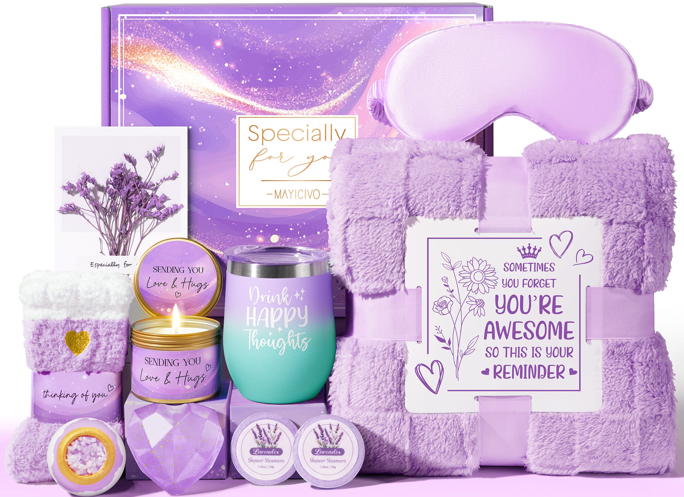 Mayicivo Birthday Gifts for Women, Self Care Gifts Get Well Soon Gifts Basket for Women, Rose Relaxing Spa Gifts Care Package w/ Luxury Blanket, Mothers Day Gifts for Mom Her Wife Girlfriend Friend Sister