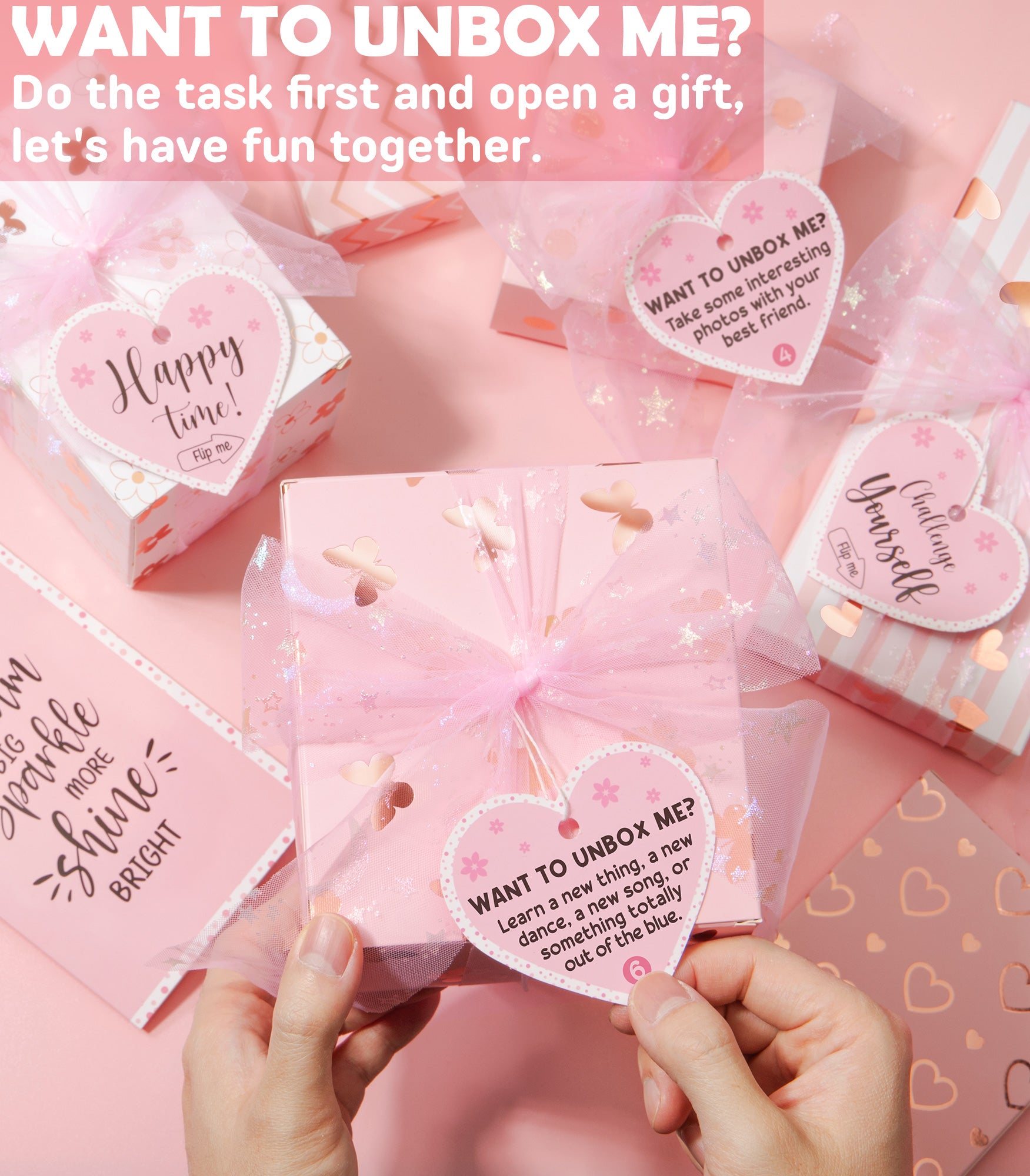 Unicorn Toys for Girls Age 4-6 6-8, Girls Valentines Day Gifts for Kids Tween Girl Gifts Trendy Stuff 8PCS Birthday Gift Basket for 3 4 5 6 7 8 9 10 Year Old Girl Empower Gift Box & Task Tags