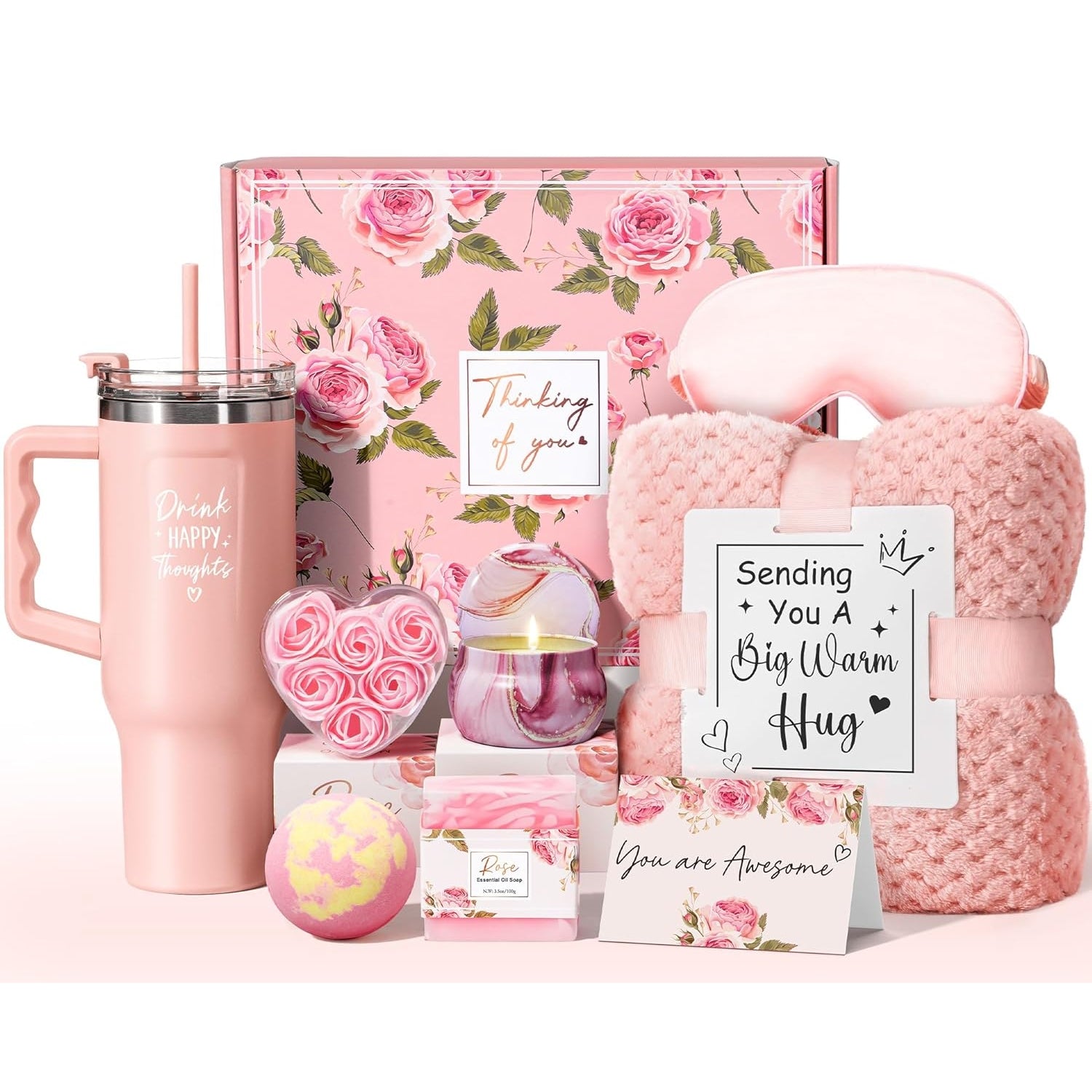 Mayicivo Birthday Gifts for Women Self Care Gifts Get Well Soon Gifts, Rose Relaxing Spa Gifts Basket Care Package w/ Luxury Flannel Blanket 40 oz Tumbler, Mothers Day Gifts for Mom Her Wife Girlfriend Sister