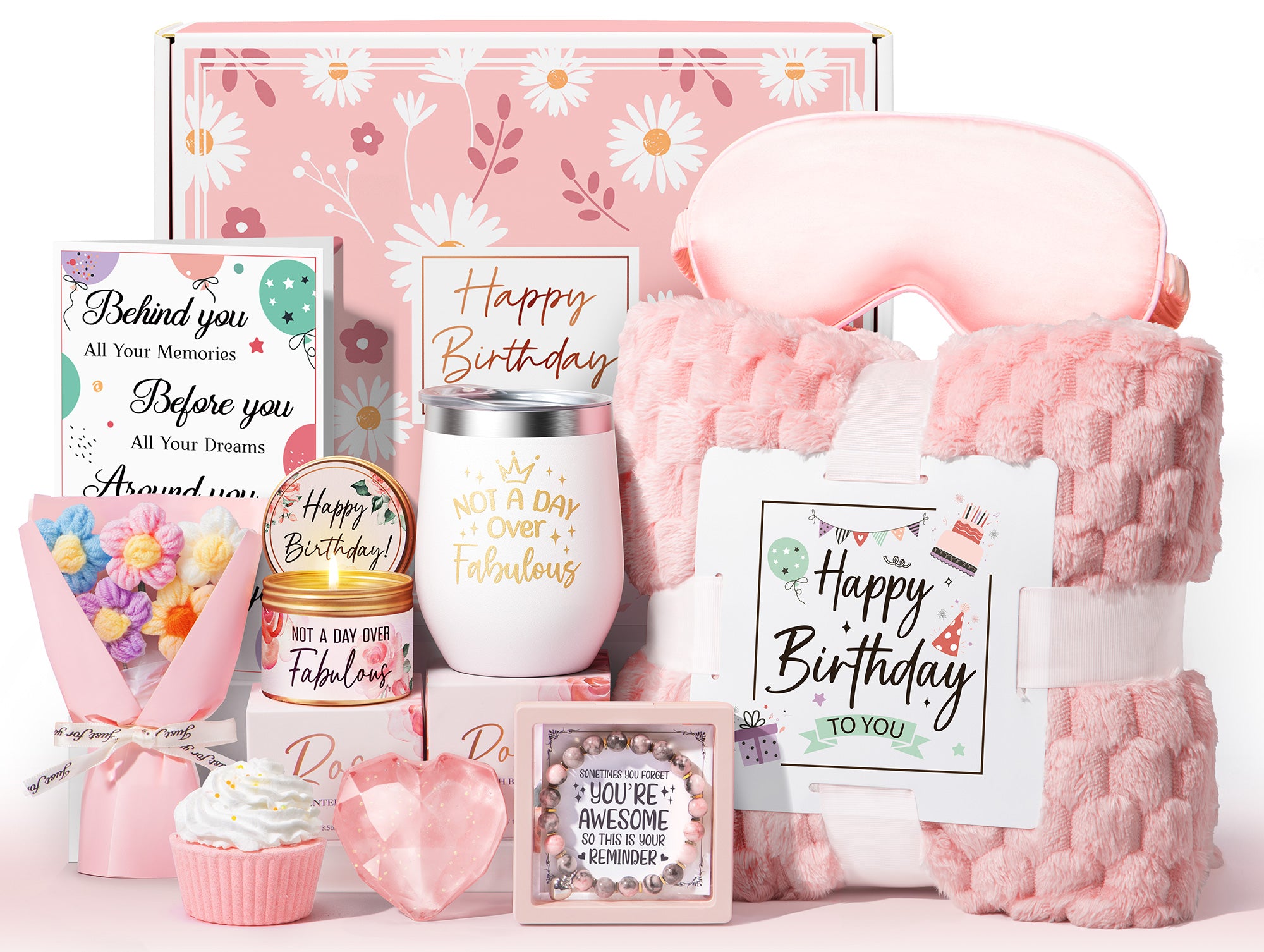 Mayicivo Birthday Gifts for Women Friendship, Unique Happy Birthday Gifts Basket for Mom Her Best Friend Sister Wife Girlfriend Coworker, Luxury Self Care Box Rose Relaxing Spa Gifts Set for Women with Blanket