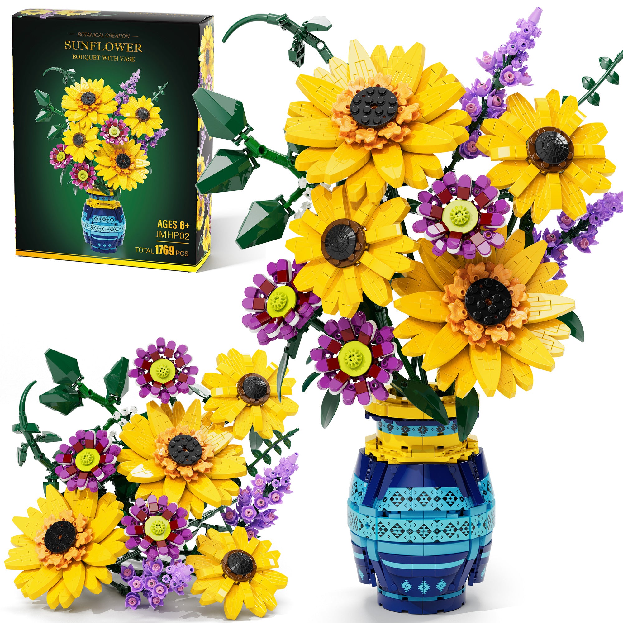Sunflower Bouquet Building Blocks with Vase Set - Valentines Day Gifts for Her Him Artificial Flower Botanical Collection for Home Decor DIY Birthday Gifts for Women Men Adult Mom Wife Teens- 1769PCS