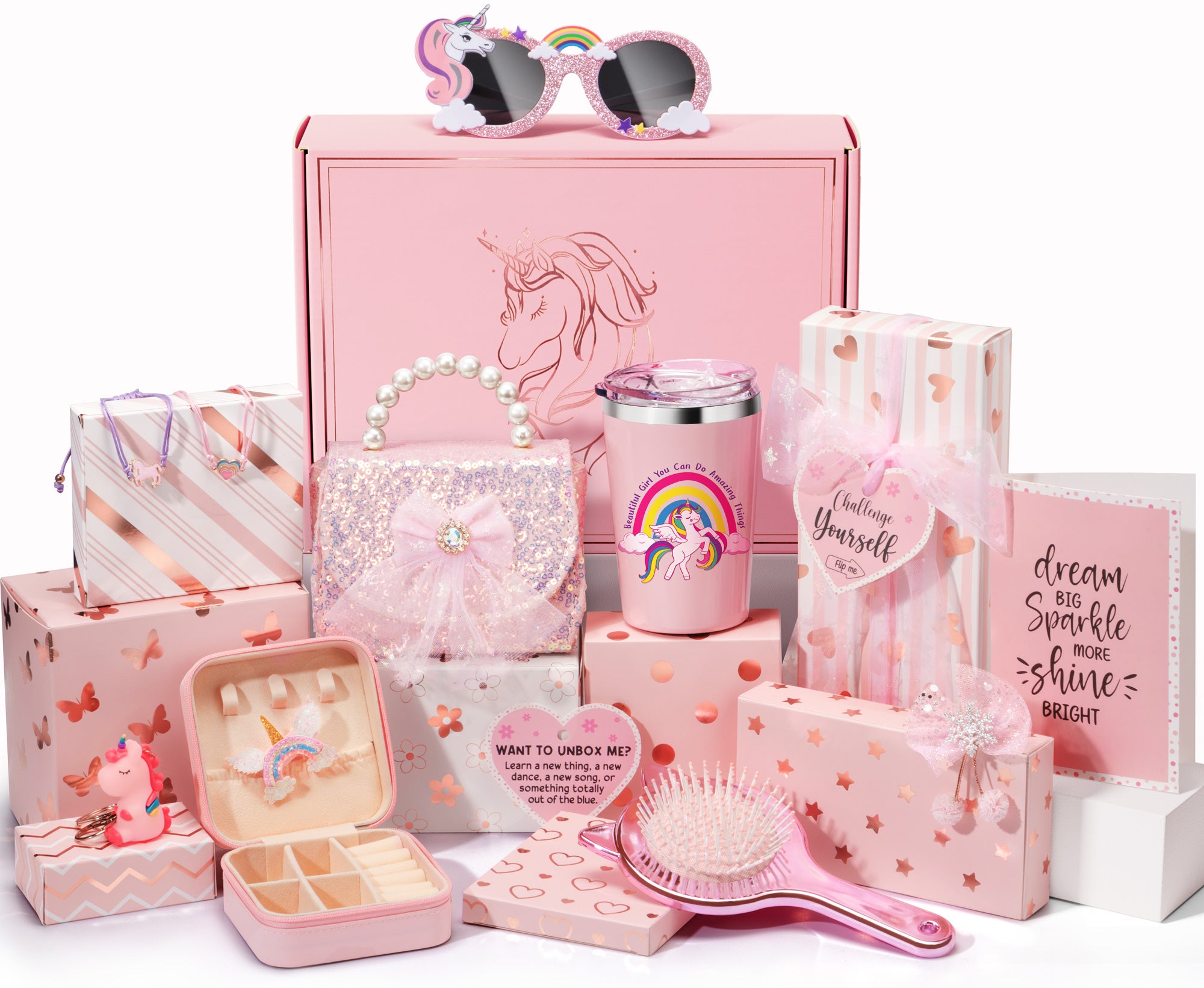 Unicorn Toys for Girls Age 4-6 6-8, Girls Valentines Day Gifts for Kids Tween Girl Gifts Trendy Stuff 8PCS Birthday Gift Basket for 3 4 5 6 7 8 9 10 Year Old Girl Empower Gift Box & Task Tags