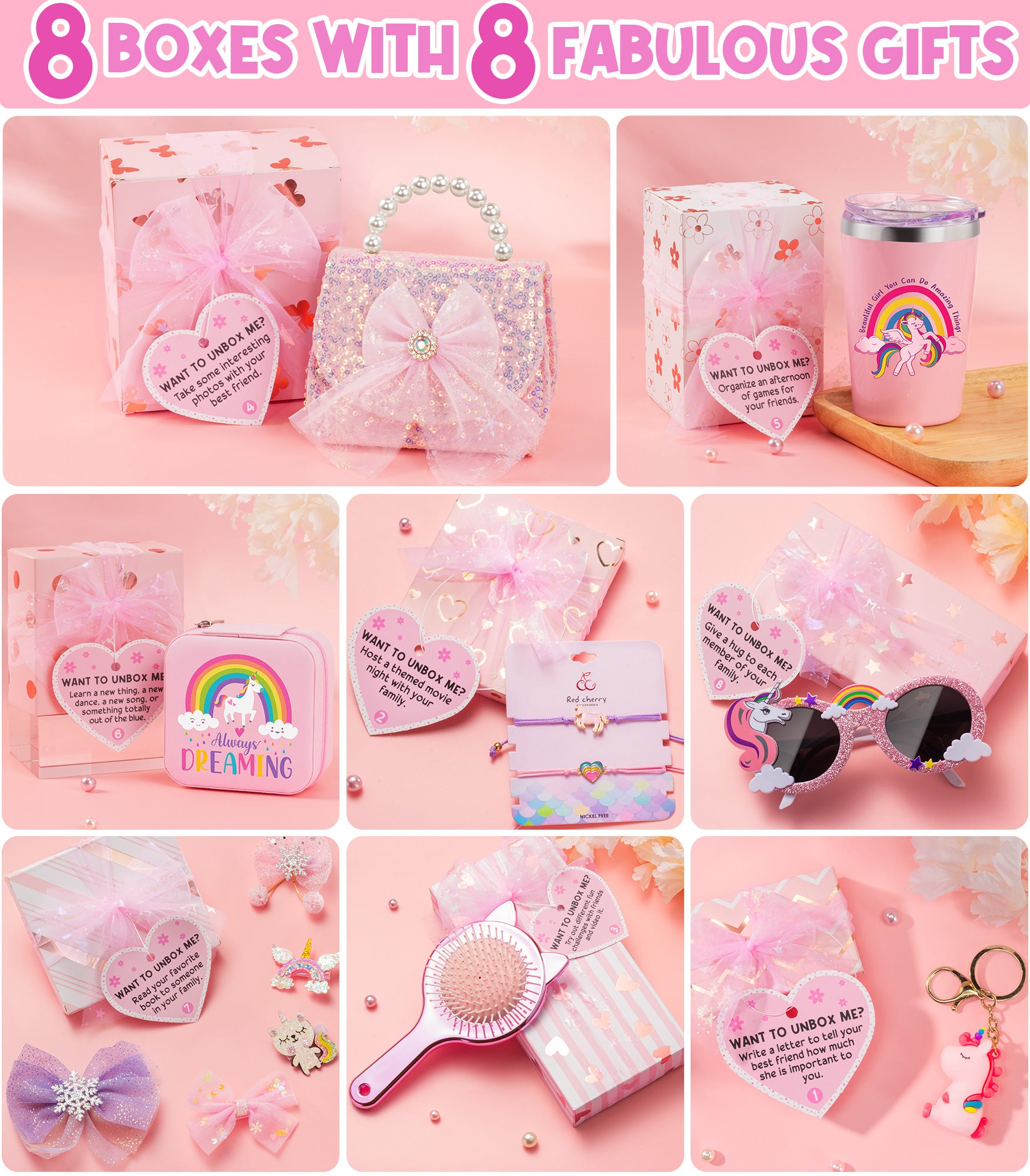 Unicorn Toys for Girls Age 4-6 6-8, Girls Valentines Day Gifts for Kids Tween Girl Gifts Trendy Stuff 8PCS Birthday Gift Basket for 3 4 5 6 7 8 9 10 Year Old Girl Empower Gift Box & Task Tags