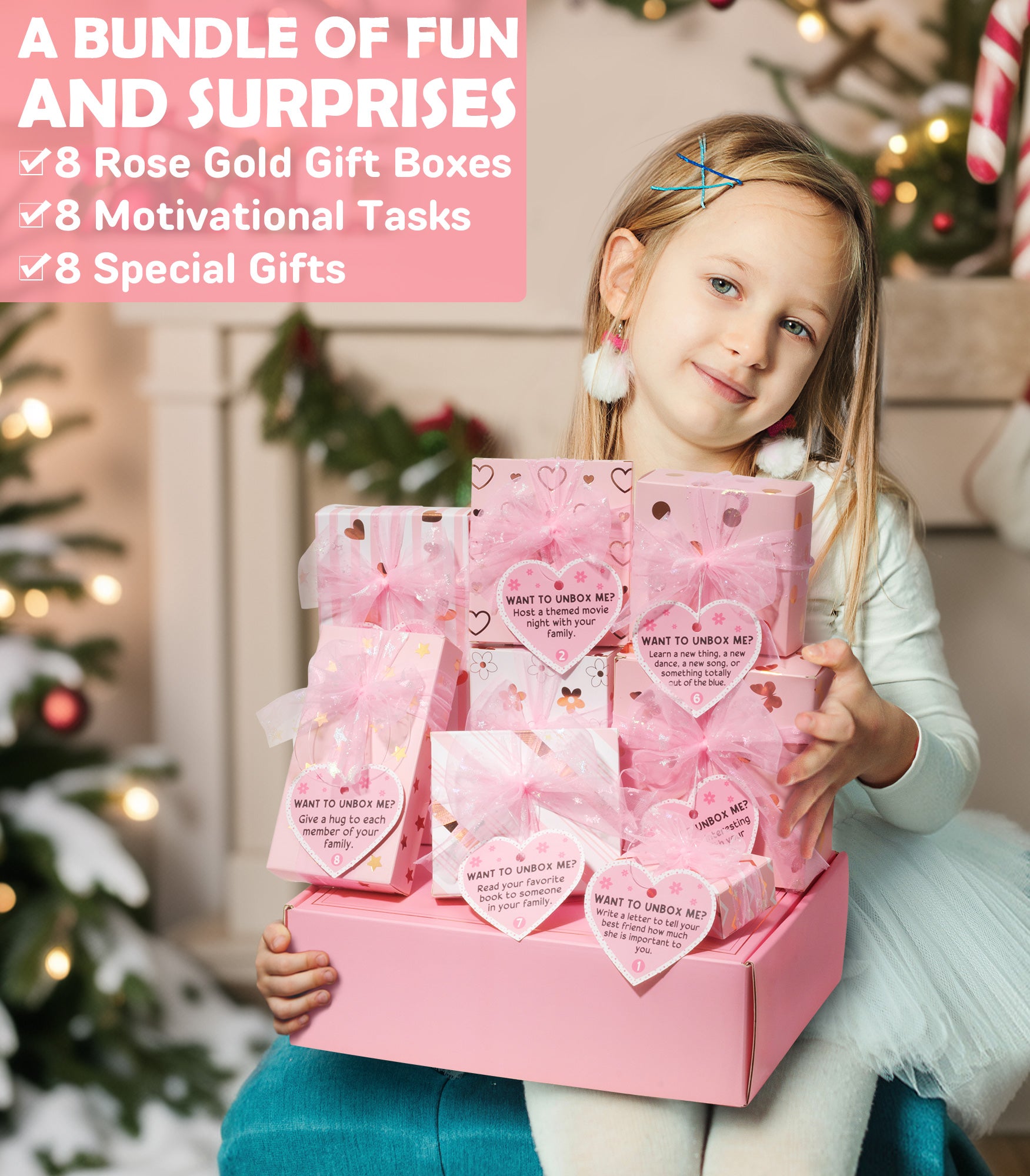 Unicorn Toys for Girls Age 4-6 6-8, Girls Valentines Day Gifts for Kids Tween Girl Gifts Trendy Stuff 8PCS Birthday Gift Basket for 3 4 5 6 7 8 9 10 Year Old Girl Empower Gift Box & Task Tags