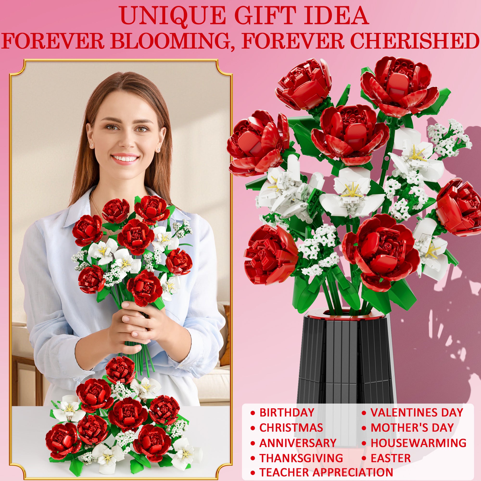 Sunflower Bouquet Building Blocks with Vase Set - Valentines Day Gifts for Her Him Artificial Flower Botanical Collection for Home Decor DIY Birthday Gifts for Women Men Adult Mom Wife Teens- 1769PCS