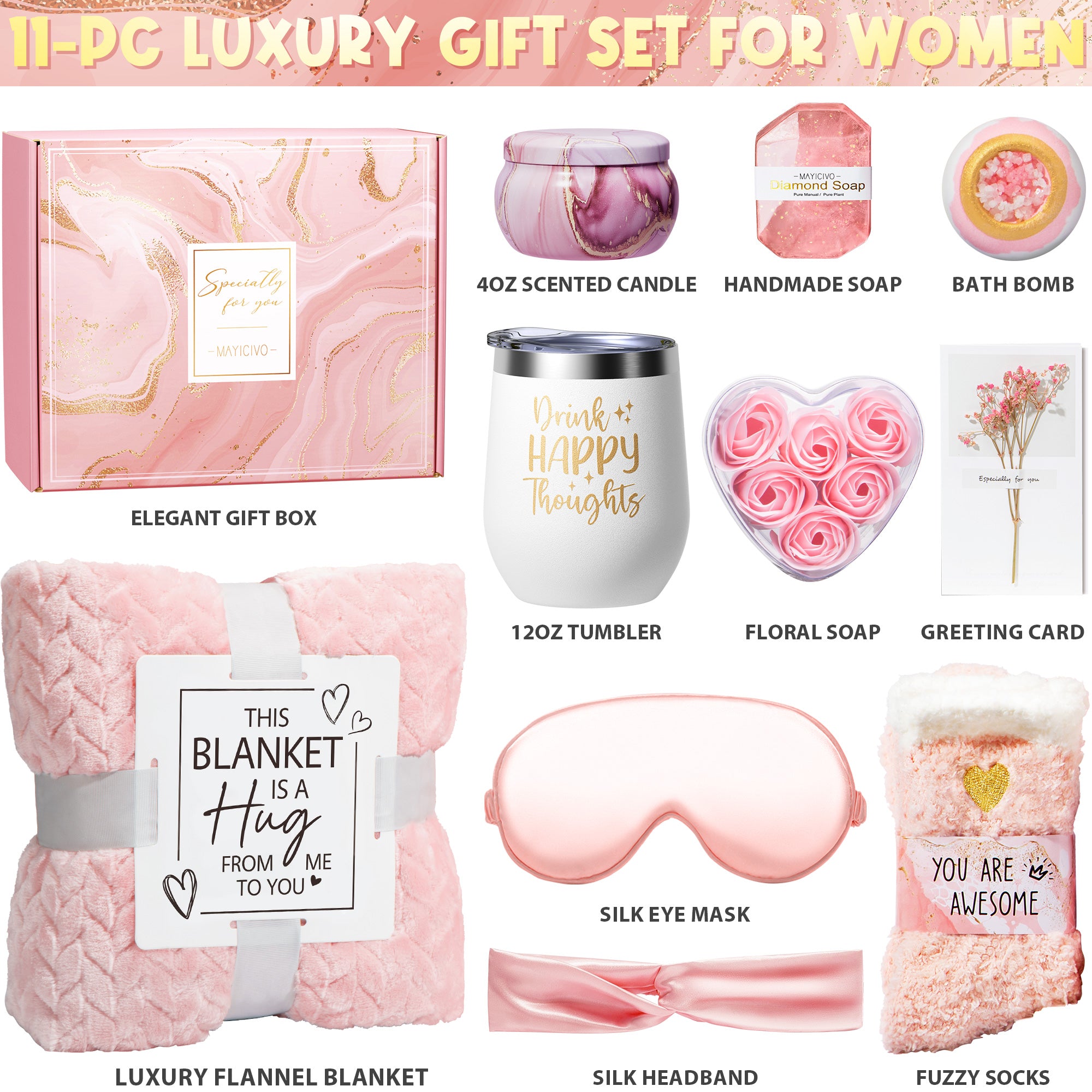 Mayicivo Birthday Gifts for Women Self Care Gifts Get Well Soon Gifts, Rose Relaxing Spa Gifts Basket Care Package w/ Luxury Flannel Blanket, Unique Mothers Day Gifts for Mom Her Friend Sister Wife Grandma
