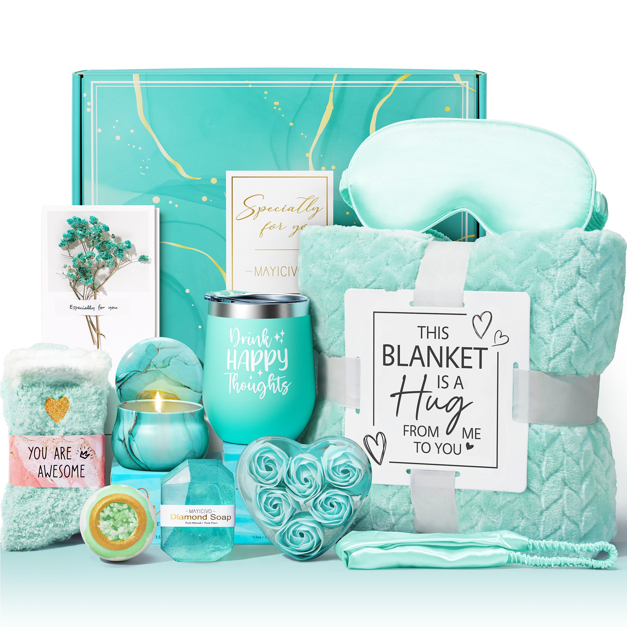 Mayicivo Birthday Gifts for Women Self Care Gifts Get Well Soon Gifts, Rose Relaxing Spa Gifts Basket Care Package w/ Luxury Flannel Blanket, Unique Mothers Day Gifts for Mom Her Friend Sister Wife Grandma
