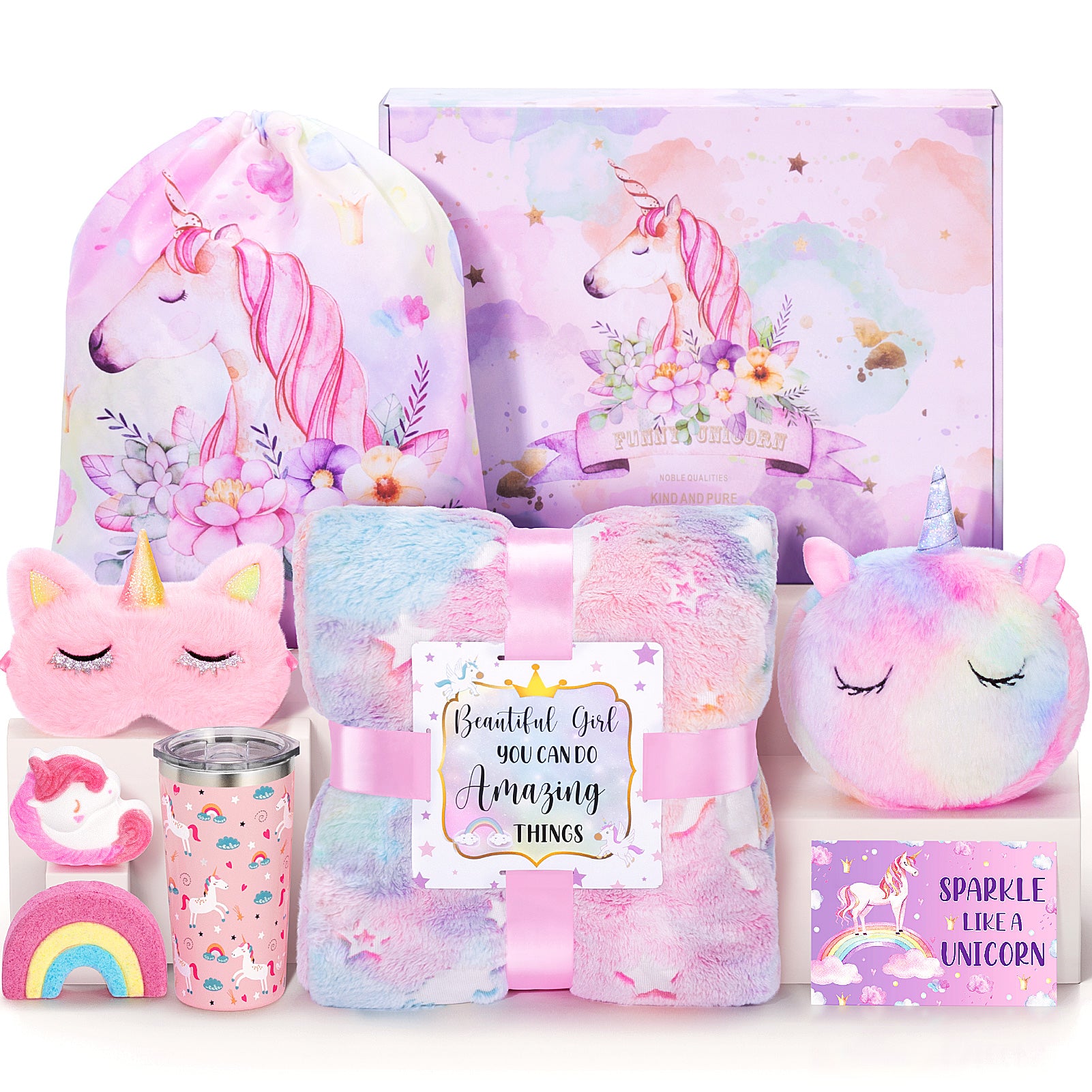 Unicorn Toys for Girls Ages 4-6, Kids Girl Valentine Gift Tween Girl Gift Trendy Stuff Birthday Gifts for 4 5 6 7 8 9 10 11 12 Year Old Toddler Teen Girl with Glow in The Dark Blanket Cup Purse