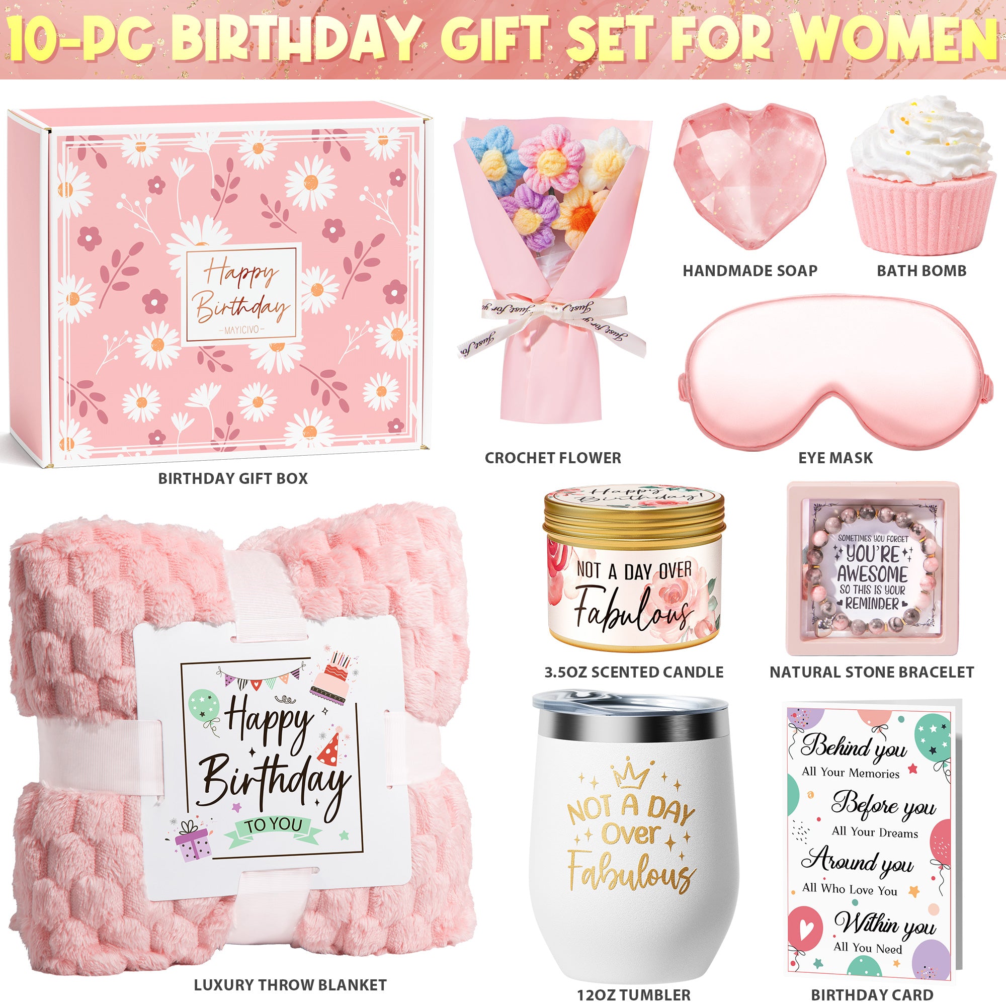 Mayicivo Birthday Gifts for Women Friendship, Unique Happy Birthday Gifts Basket for Mom Her Best Friend Sister Wife Girlfriend Coworker, Luxury Self Care Box Rose Relaxing Spa Gifts Set for Women with Blanket