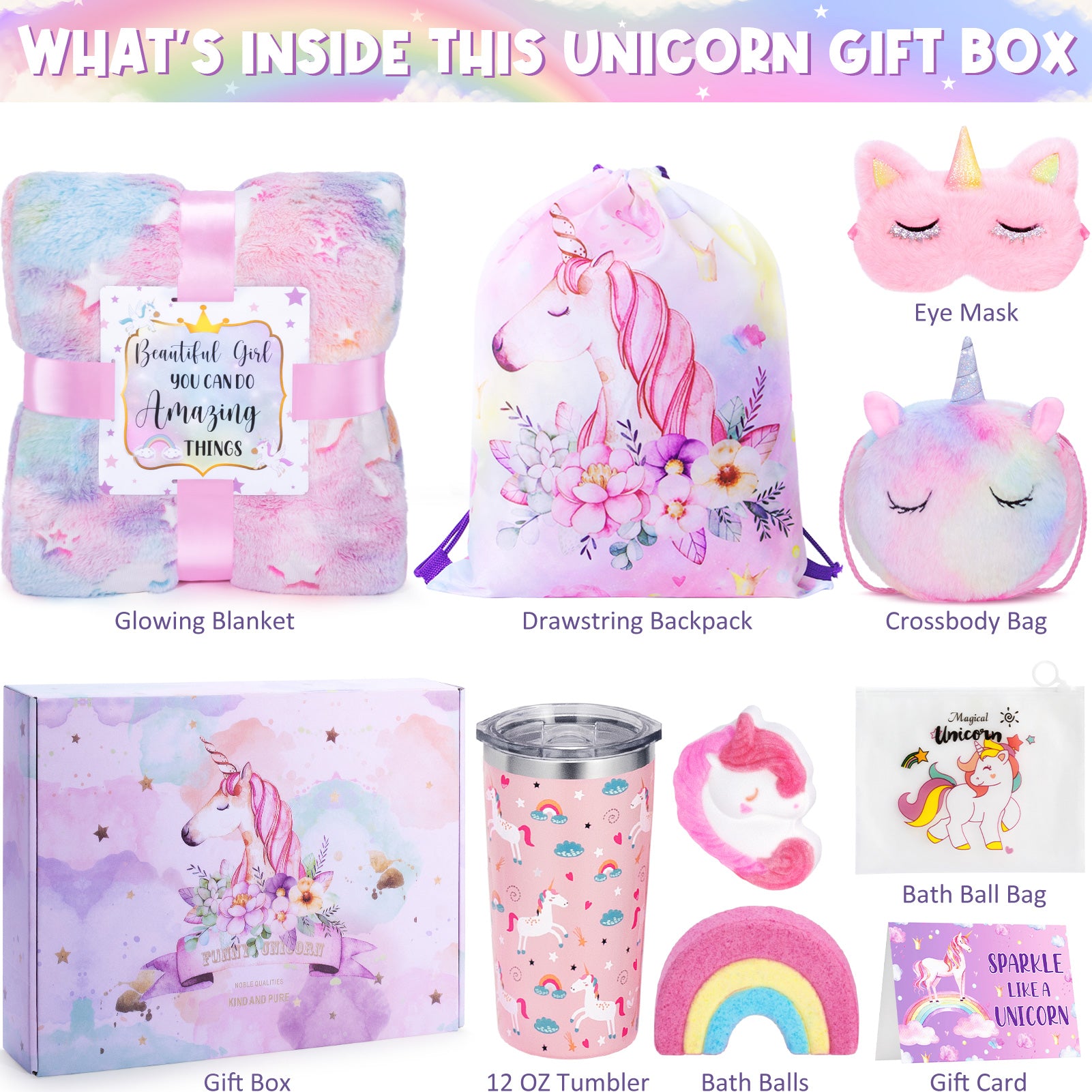 Unicorn Toys for Girls Ages 4-6, Kids Girl Valentine Gift Tween Girl Gift Trendy Stuff Birthday Gifts for 4 5 6 7 8 9 10 11 12 Year Old Toddler Teen Girl with Glow in The Dark Blanket Cup Purse