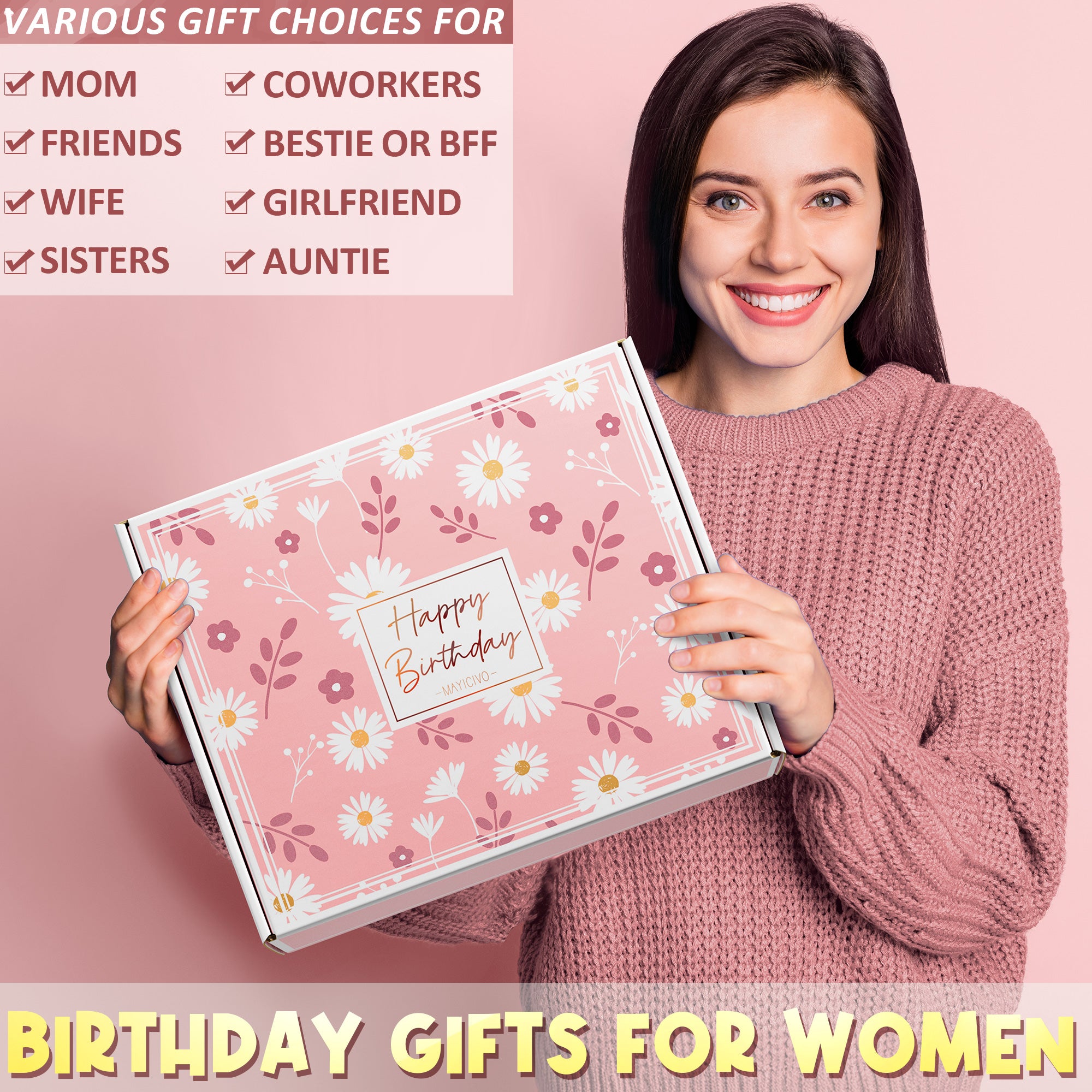 Mayicivo Birthday Gifts for Women Friendship, Unique Happy Birthday Gifts Basket for Mom Her Best Friend Sister Wife Girlfriend Coworker, Luxury Self Care Box Rose Relaxing Spa Gifts Set for Women with Blanket